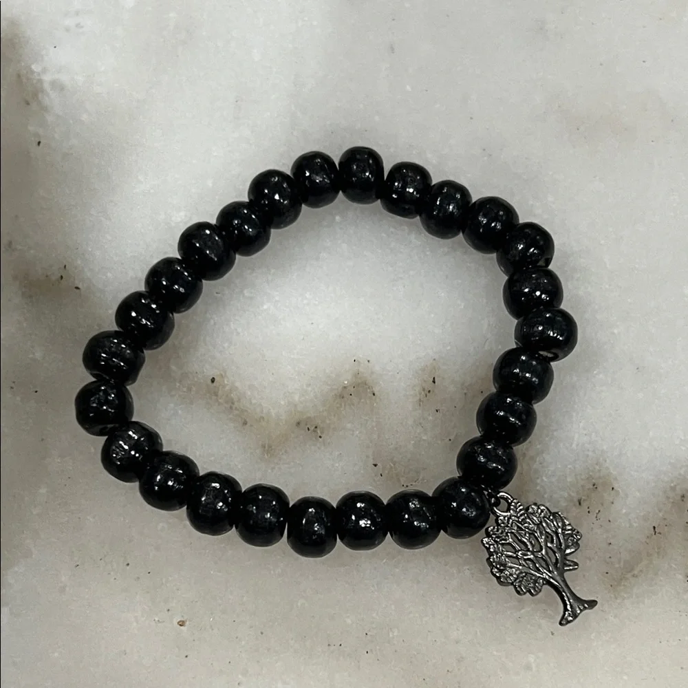 Black Beaded Bracelet with Tree Charm